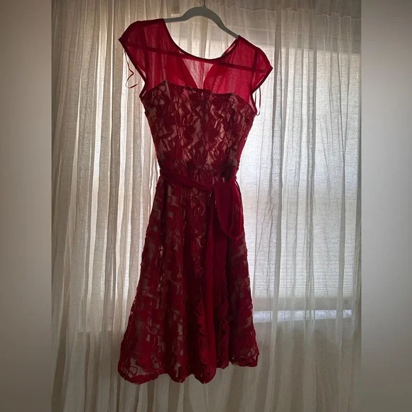 Red dress / floral sheer detail with tan slip dress underneath
